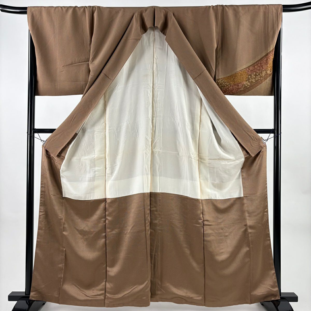 付下 身長160.5cm 袖長67cm M 雙層 花唐草紋 鮫文 茶 純蠶絲 秀品級