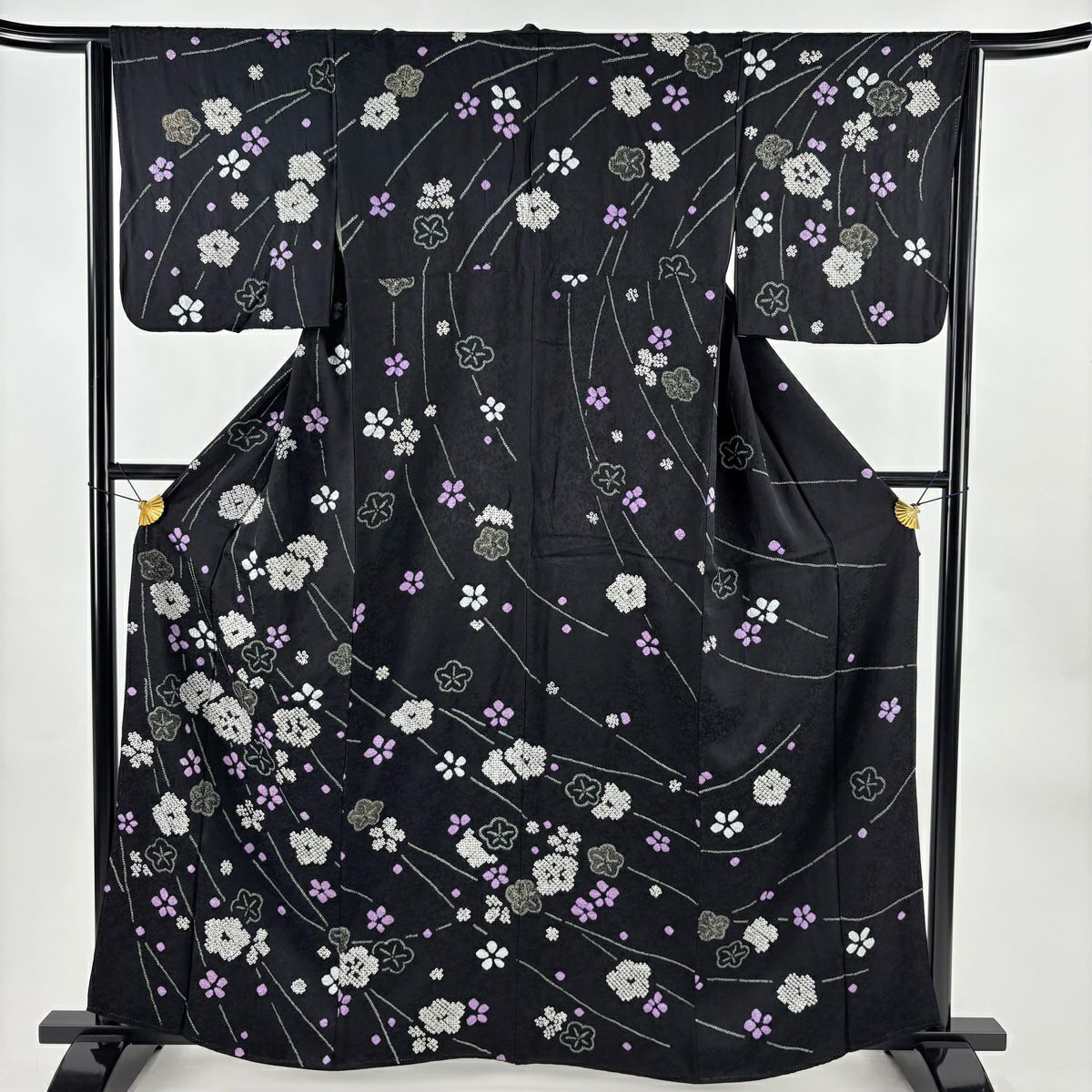 訪問服 身長161cm 袖長64.5cm M 雙層 梅花 絞染 金彩裝飾 黑 純蠶絲 秀品級