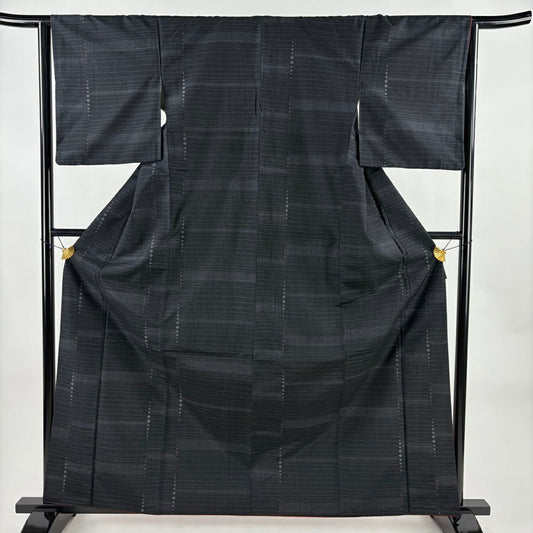 【美品】 紬織 身長162cm 袖長64cm M 雙層 條紋 菱形 黑 純蠶絲 優品級