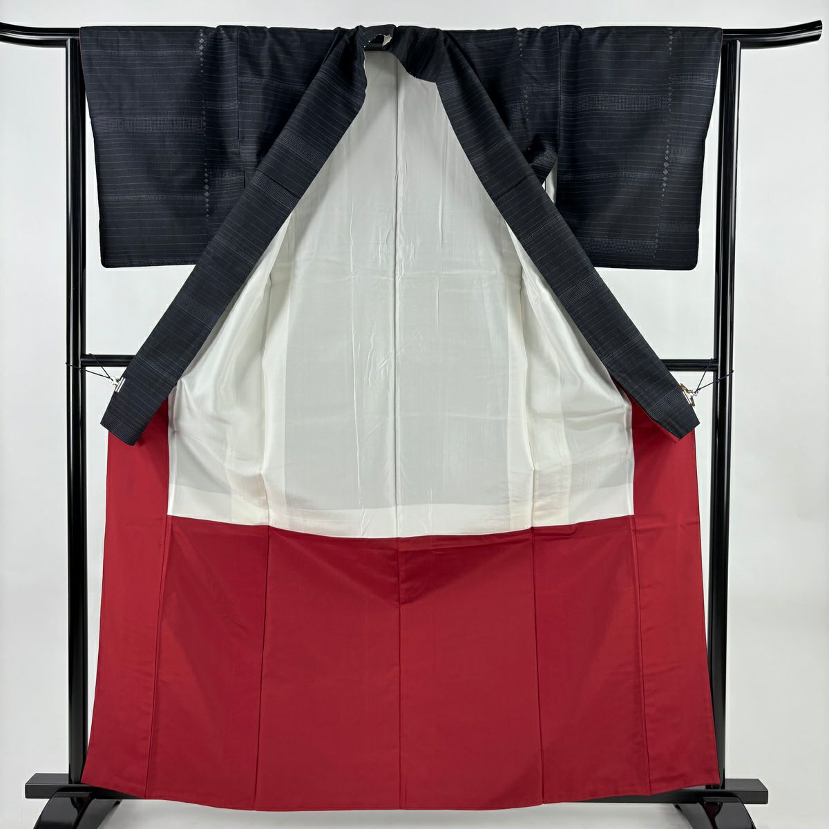 【美品】 紬織 身長162cm 袖長64cm M 雙層 條紋 菱形 黑 純蠶絲 優品級
