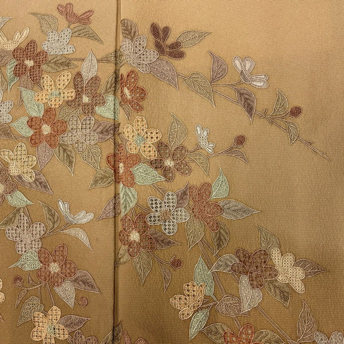 訪問服 身長163.5cm 袖長64.5cm M 雙層 枝花刺繡 漸層 淺茶 純蠶絲 優品級 一個紋