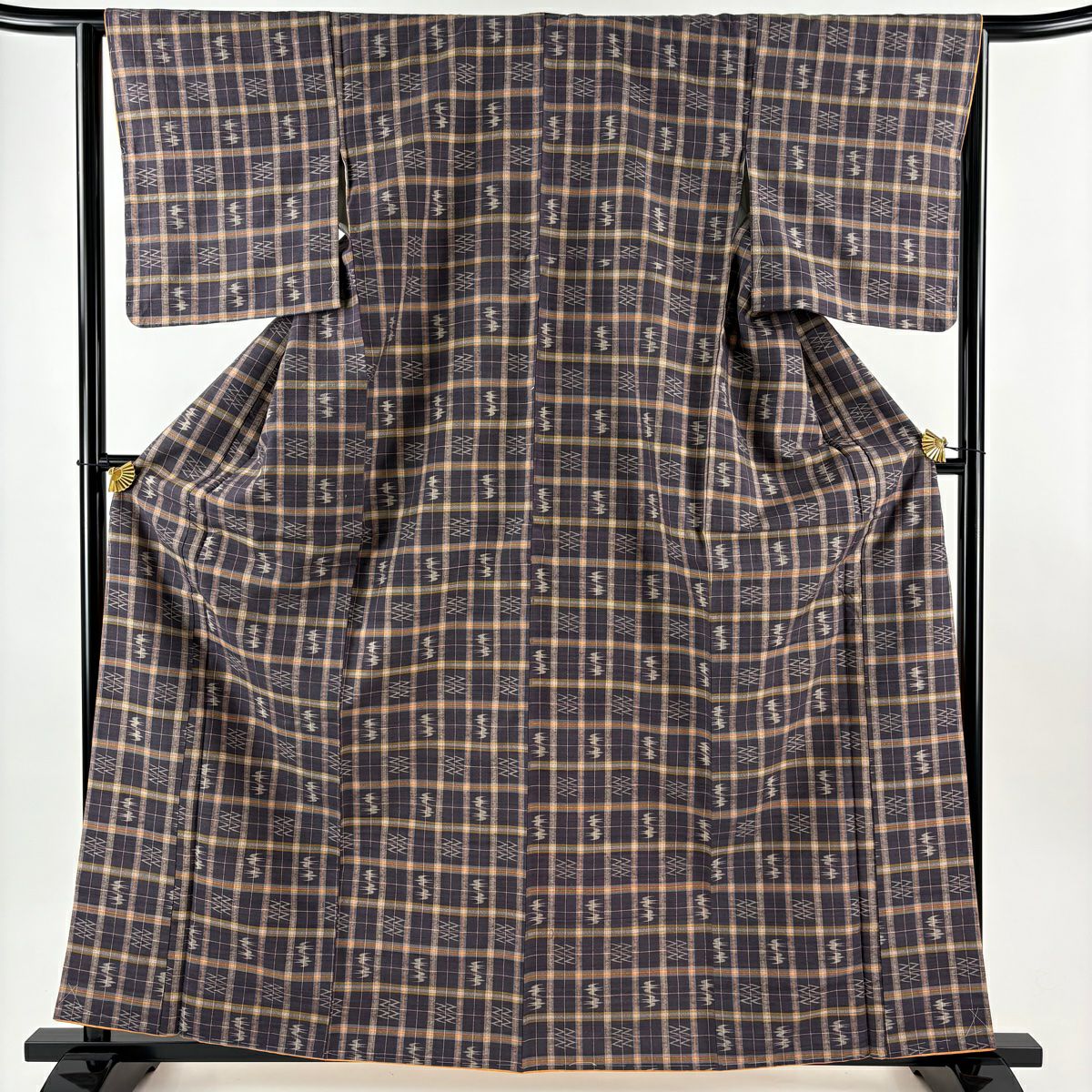 【美品】 紬織 身長163cm 袖長64.5cm M 雙層 巴西領 格子 燕 紫 純蠶絲 優品級