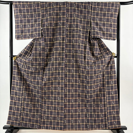 【美品】 紬織 身長163cm 袖長64.5cm M 雙層 巴西領 格子 燕 紫 純蠶絲 優品級