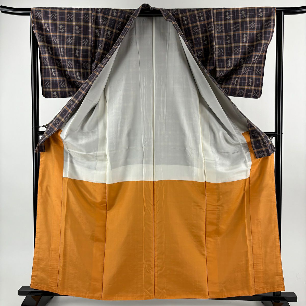【美品】 紬織 身長163cm 袖長64.5cm M 雙層 巴西領 格子 燕 紫 純蠶絲 優品級