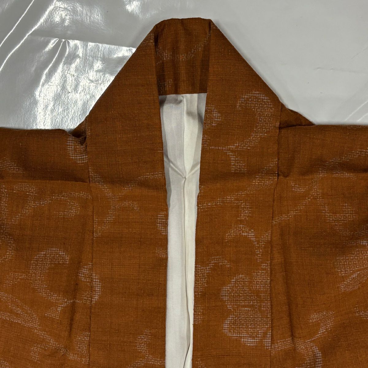 【美品】 紬織 身長162cm 袖長64cm M 雙層 巴比領 花唐草紋 龜甲絣 山吹茶 純蠶絲 優品級