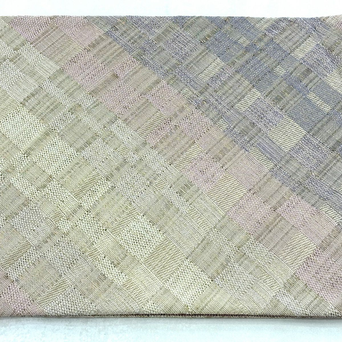 【美品】 袋帶 名品級 斜格紋 金絲 金金箔 淺粉色 全通 純蠶絲