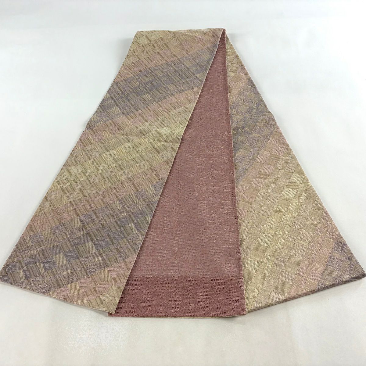 【美品】 袋帶 名品級 斜格紋 金絲 金金箔 淺粉色 全通 純蠶絲