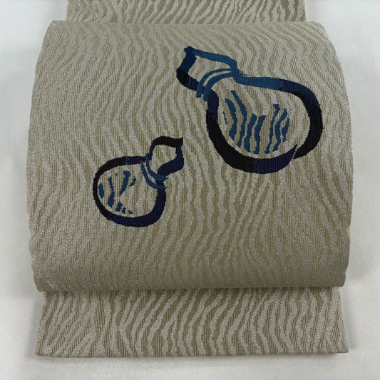 袋帶 名品級 瓢箪 銀線 灰茶 大鼓圖案 純蠶絲