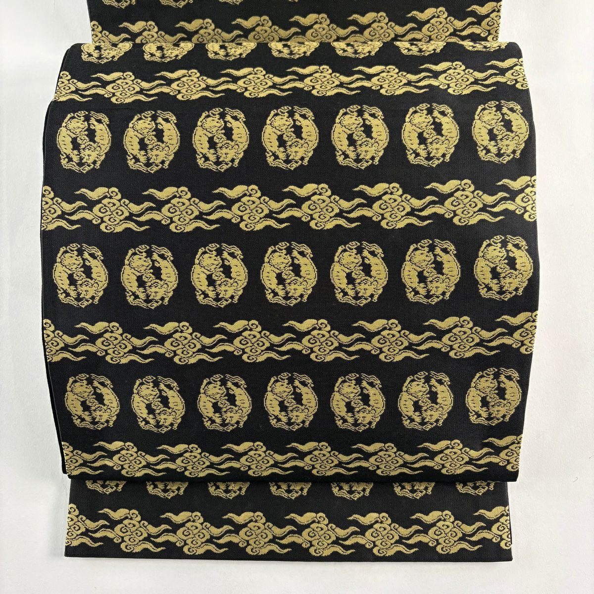 袋帶 名品級 動物 霊芝雲 黑 全通 純蠶絲