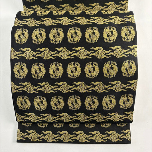 袋帶 名品級 動物 霊芝雲 黑 全通 純蠶絲