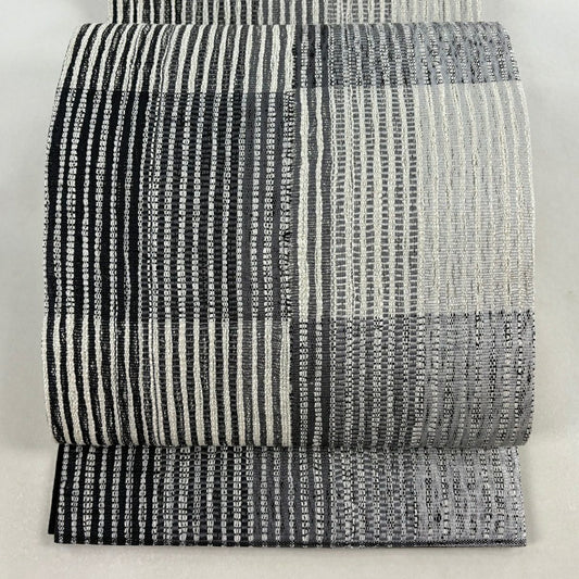 【美品】 袋帶 名品級 夏帶 市松樹紋 縞紋 金金箔 灰色 大鼓圖案 純蠶絲