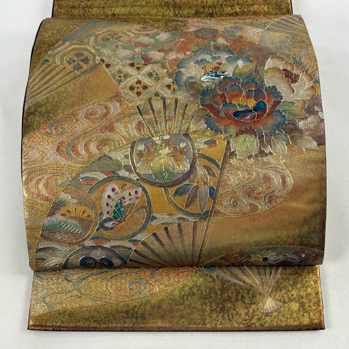 【美品】 袋帶 名品級 扇子子 牡丹 螺鈿 金金箔 金色 大鼓圖案 純蠶絲