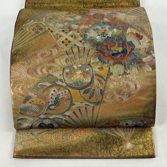 【美品】 袋帶 名品級 扇子子 牡丹 螺鈿 金金箔 金色 大鼓圖案 純蠶絲