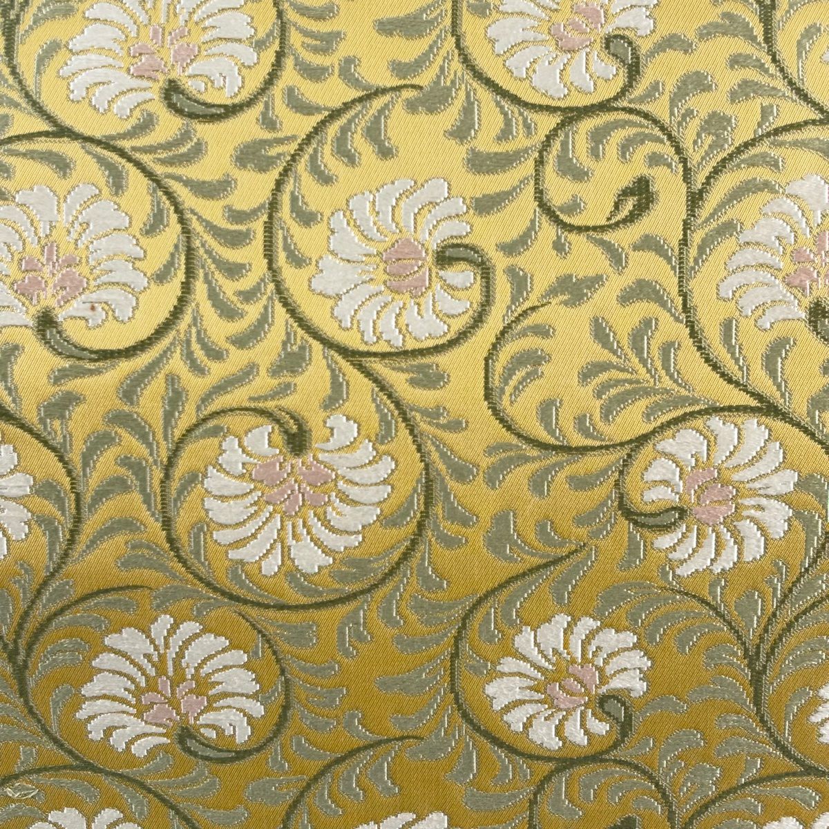 【美品】 袋帶 名品級 證書齊全 花唐草紋 刺繡 淺黃土色 六通 純蠶絲