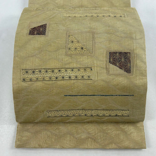 【美品】 袋帶 名品級 ますいわ屋 麻葉 螺鈿金金箔 淡黃土 深色 太鼓圖案 純蠶絲