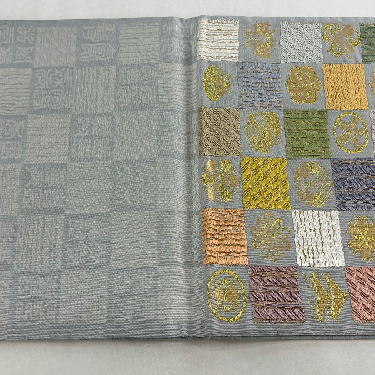 袋帶 名品級 市松樹 兔子 金絲 金金箔 青灰 六通 純蠶絲