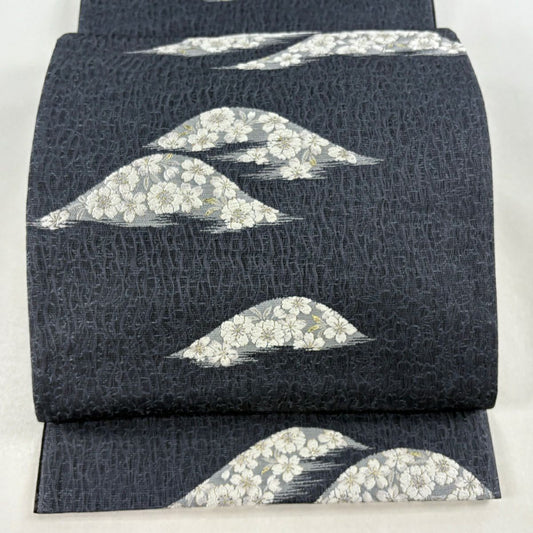 袋帶 名品級 證書齊全 櫻花 山刺繡 金金箔 灰色 六通 純蠶絲