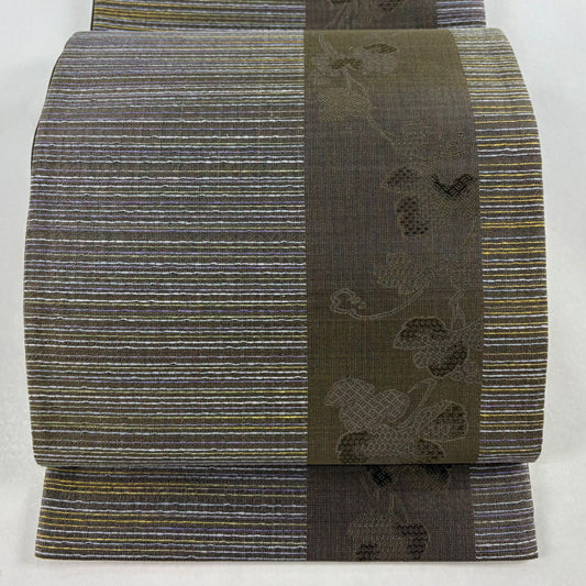 【美品】 袋帶 名品級 大和 葉紋 縞 金絲 拉麵絲 灰茶 六通 純蠶絲