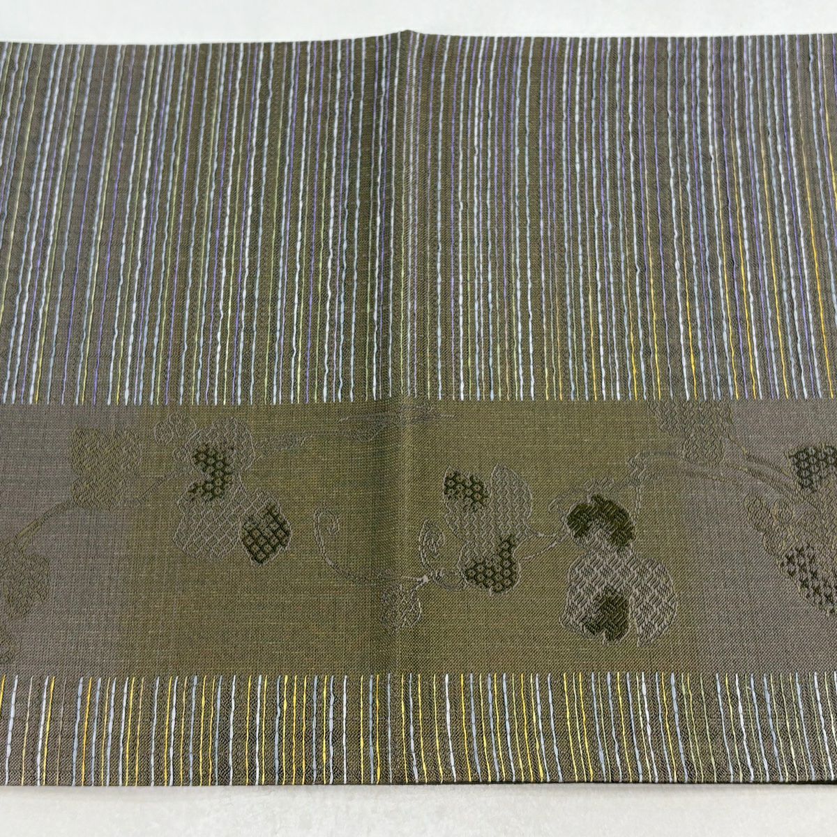 【美品】 袋帶 名品級 大和 葉紋 縞 金絲 拉麵絲 灰茶 六通 純蠶絲