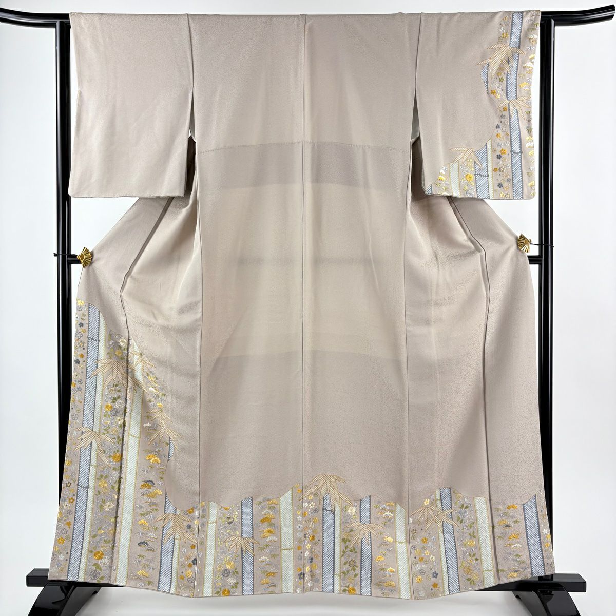 付下 身長162cm 袖長63cm S 雙層 花唐草紋 松樹竹子梅花 刺繡 金線 薄小豆 純蠶絲 名品級 一つ紋