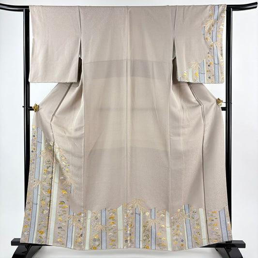 付下 身長162cm 袖長63cm S 雙層 花唐草紋 松樹竹子梅花 刺繡 金線 薄小豆 純蠶絲 名品級 一つ紋