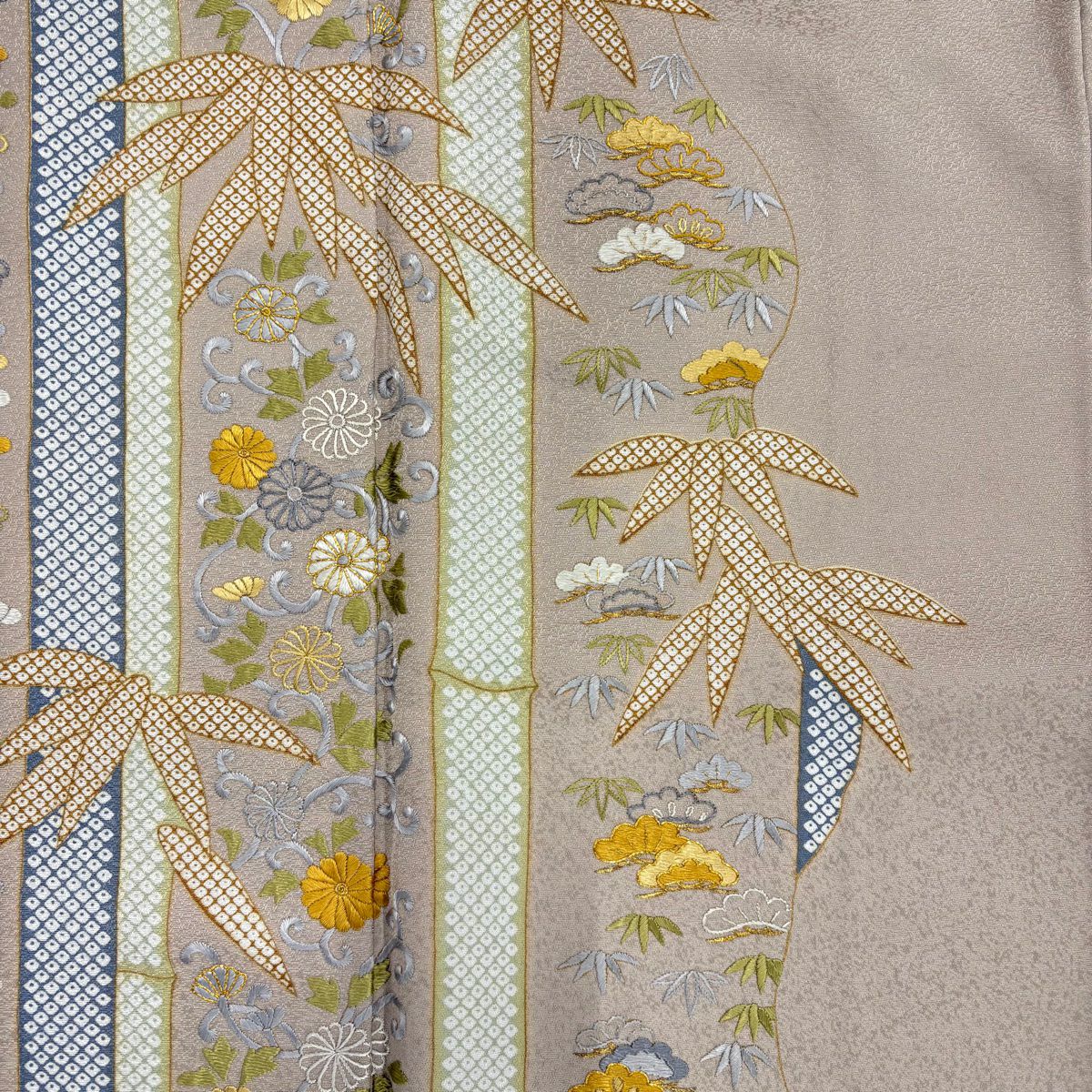 付下 身長162cm 袖長63cm S 雙層 花唐草紋 松樹竹子梅花 刺繡 金線 薄小豆 純蠶絲 名品級 一つ紋