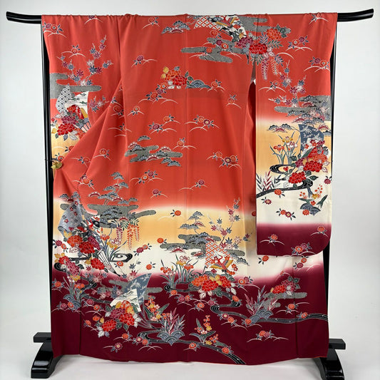 【美品】振袖禮服 身長168.5cm 袖長68cm L 雙層 扇子 流水 漸層 紅 純蠶絲 名品級