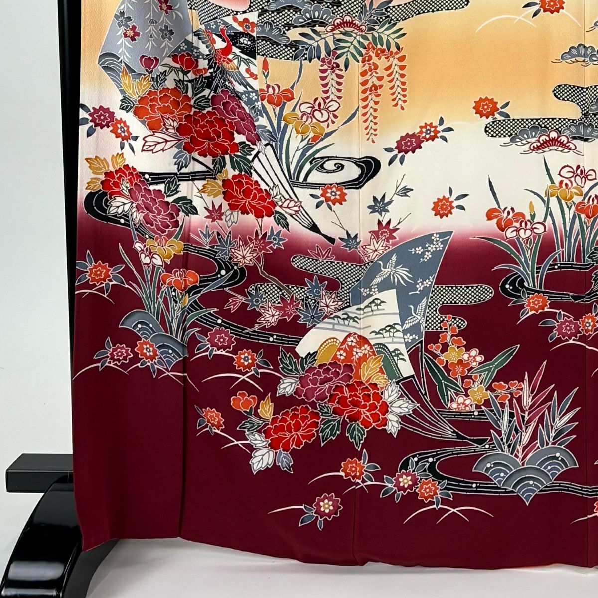 【美品】振袖禮服 身長168.5cm 袖長68cm L 雙層 扇子 流水 漸層 紅 純蠶絲 名品級