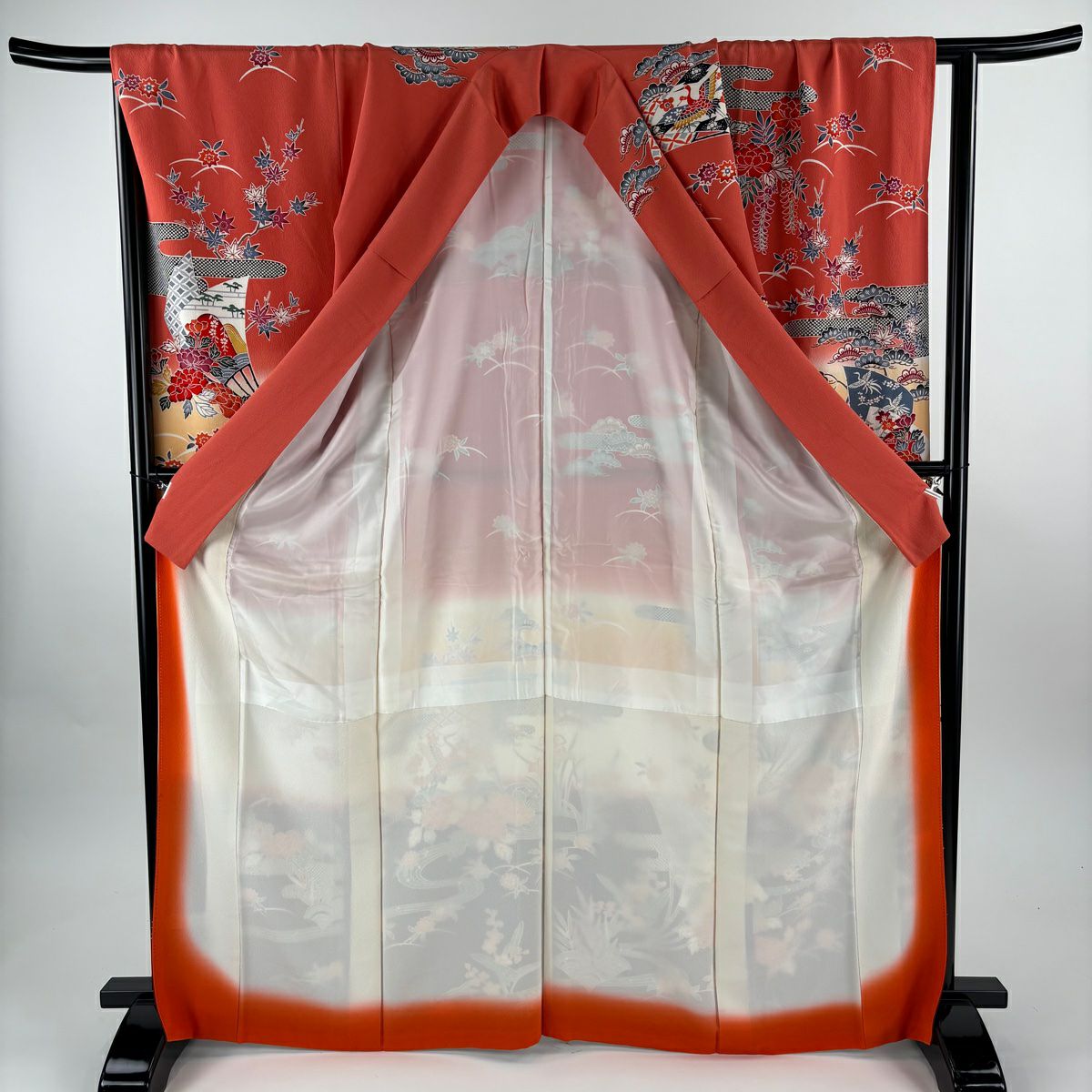 【美品】振袖禮服 身長168.5cm 袖長68cm L 雙層 扇子 流水 漸層 紅 純蠶絲 名品級
