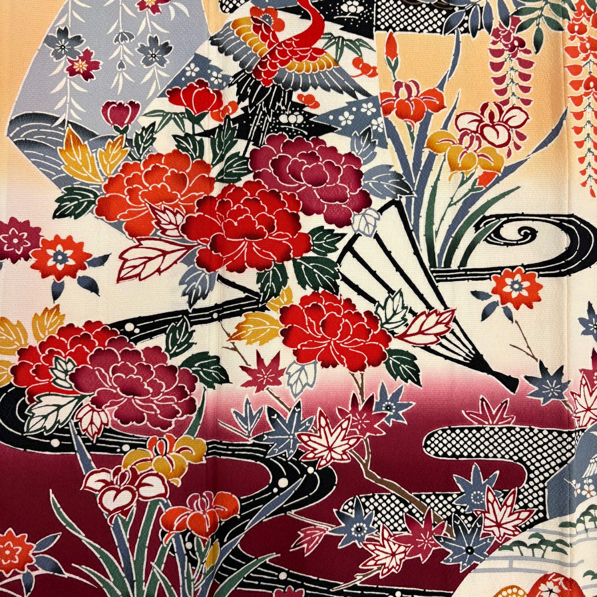 【美品】振袖禮服 身長168.5cm 袖長68cm L 雙層 扇子 流水 漸層 紅 純蠶絲 名品級
