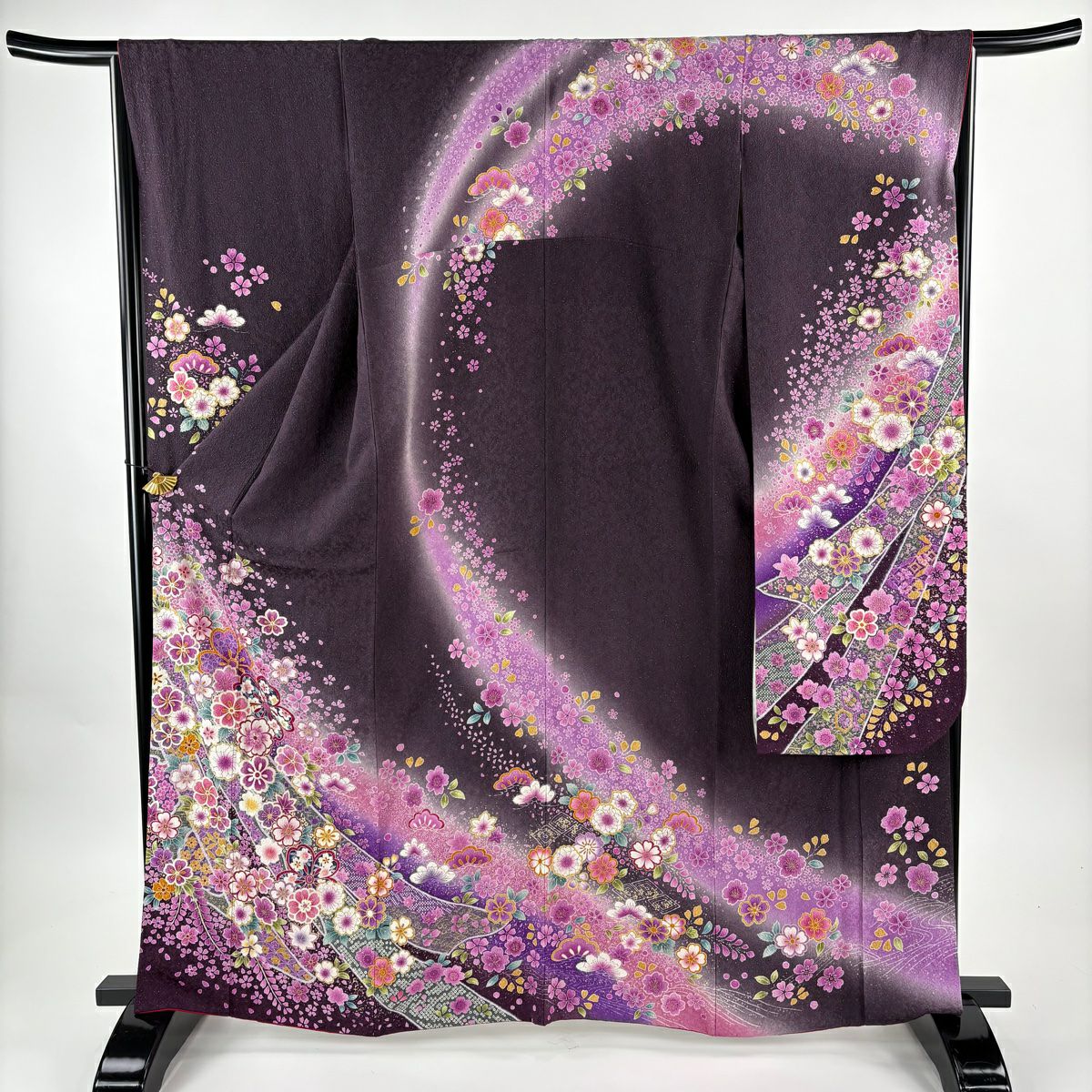 【美品】振袖禮服 身長164.5cm 袖長65cm M 雙層 櫻花 松樹樹 金銀彩 灰紫 純蠶絲 名品級