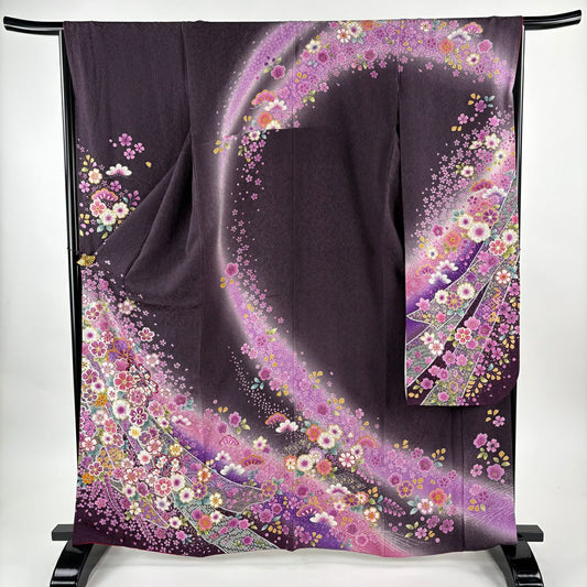【美品】振袖禮服 身長164.5cm 袖長65cm M 雙層 櫻花 松樹樹 金銀彩 灰紫 純蠶絲 名品級