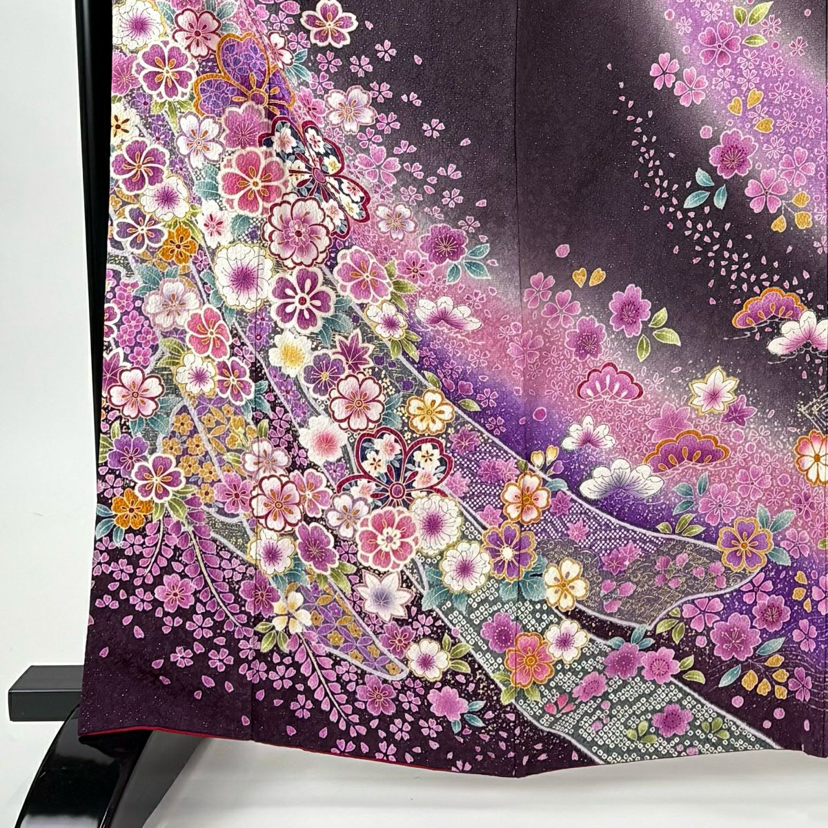 【美品】振袖禮服 身長164.5cm 袖長65cm M 雙層 櫻花 松樹樹 金銀彩 灰紫 純蠶絲 名品級