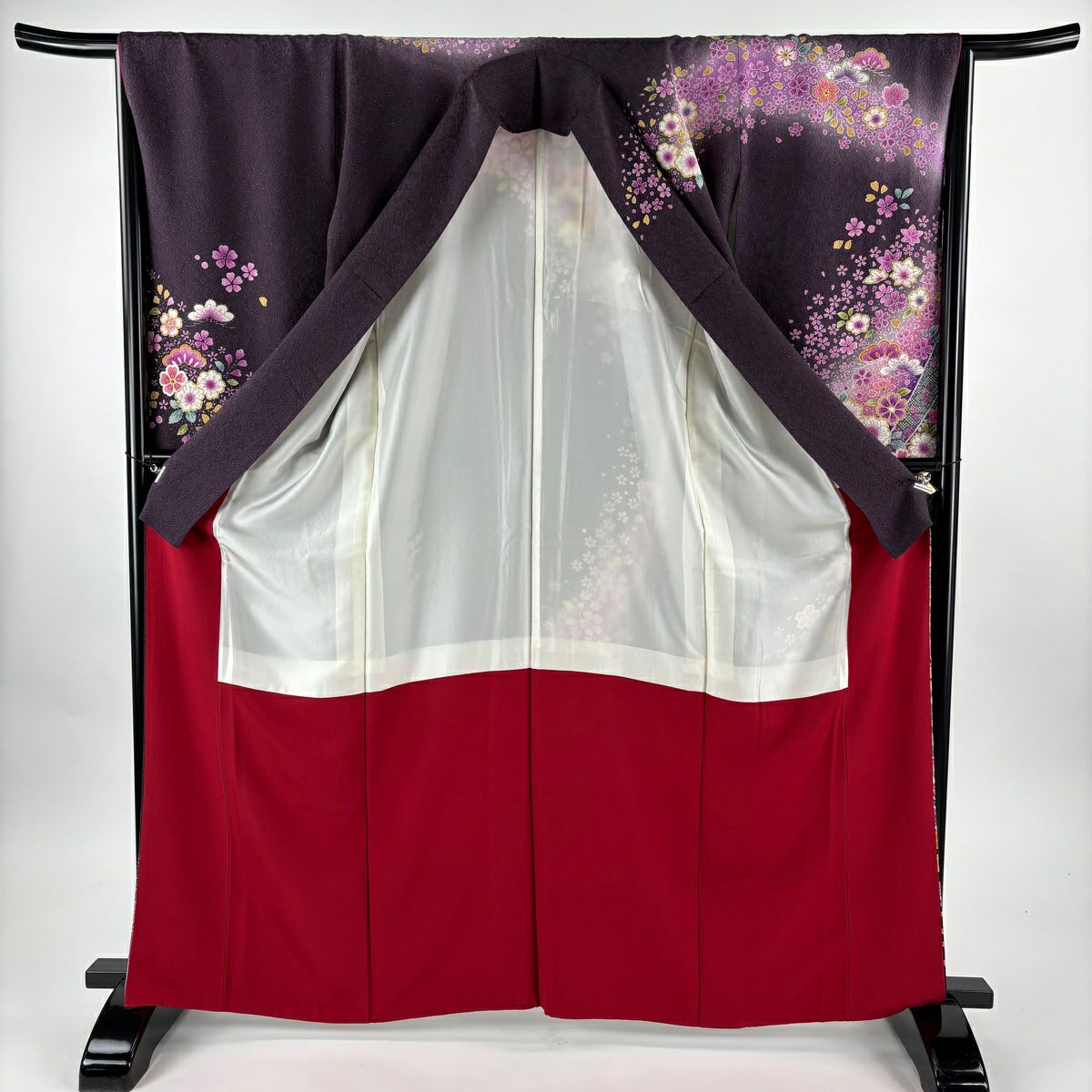 【美品】振袖禮服 身長164.5cm 袖長65cm M 雙層 櫻花 松樹樹 金銀彩 灰紫 純蠶絲 名品級