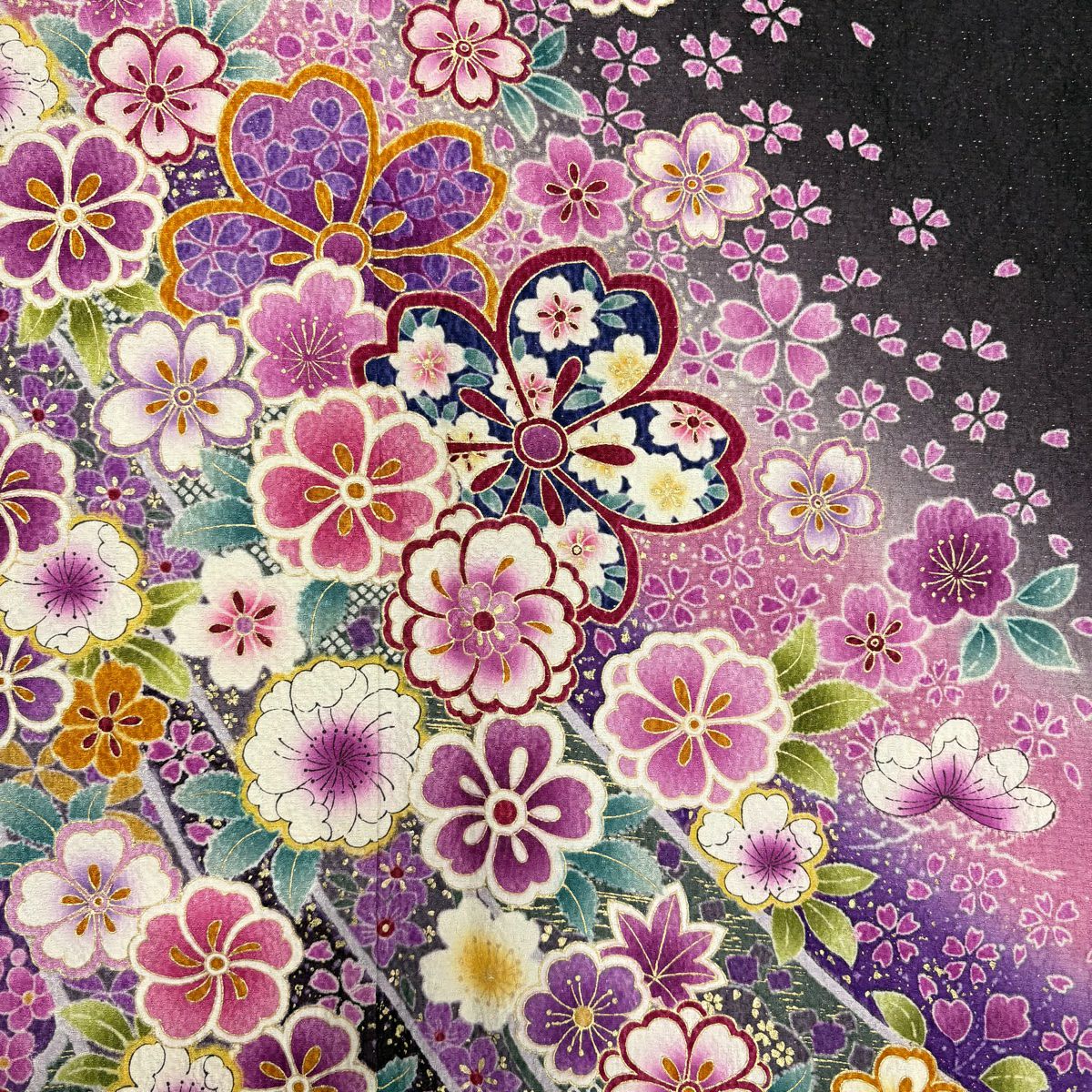 【美品】振袖禮服 身長164.5cm 袖長65cm M 雙層 櫻花 松樹樹 金銀彩 灰紫 純蠶絲 名品級