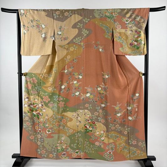 【美品】訪問服 身長160cm 袖長66cm M 雙層 落款有 草花紋紋 龜甲 金絲 金銀彩 淺茶 純蠶絲 名品級 一つ紋