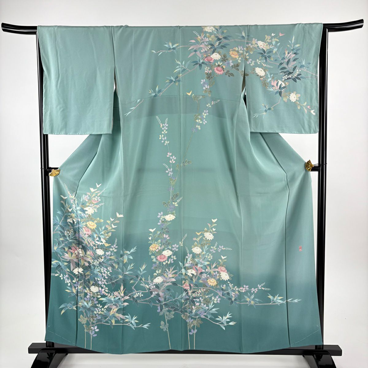 訪問服 身長158cm 袖長66cm M 雙層 落款有 枝花 漸變 薄綠 純蠶絲 名品級
