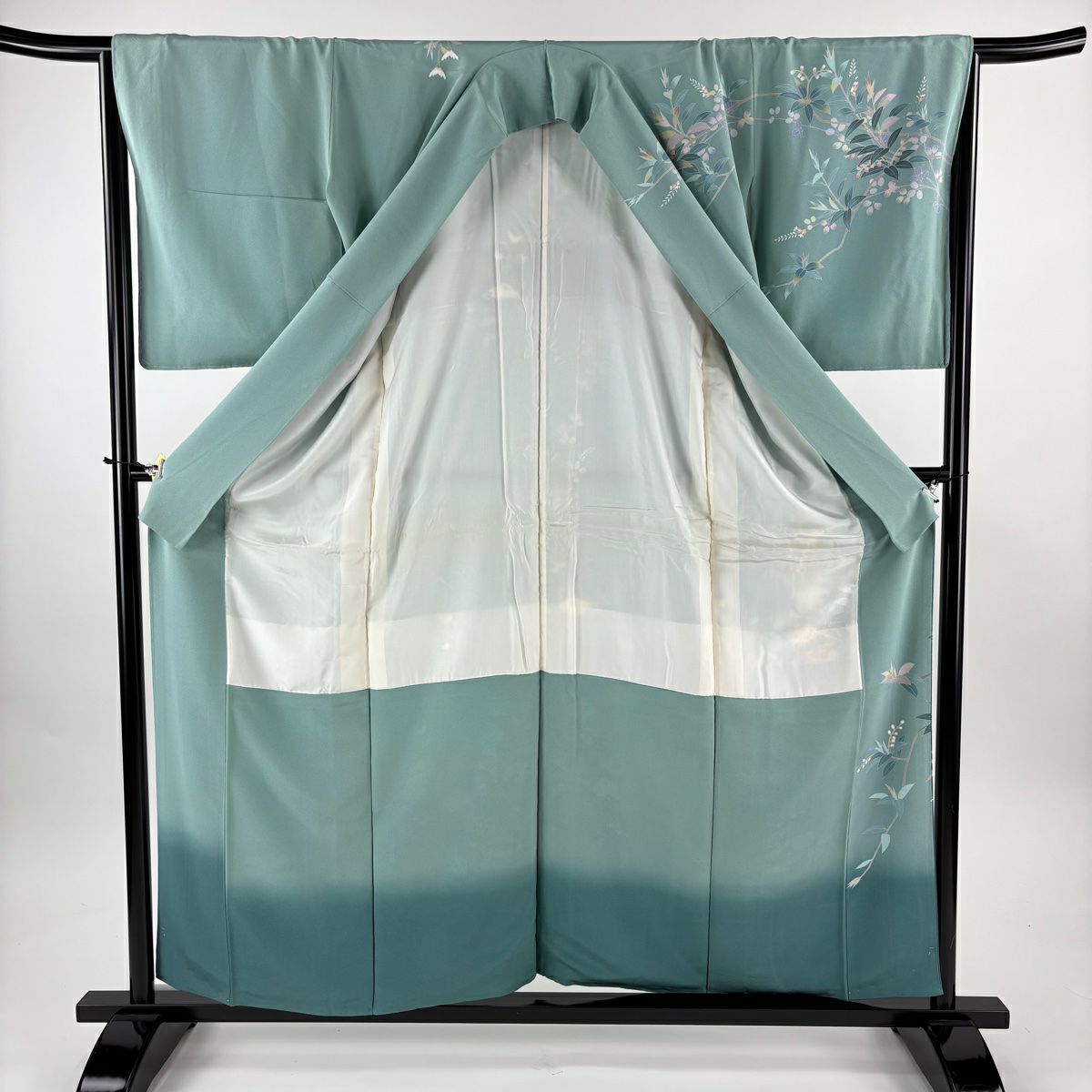 訪問服 身長158cm 袖長66cm M 雙層 落款有 枝花 漸變 薄綠 純蠶絲 名品級