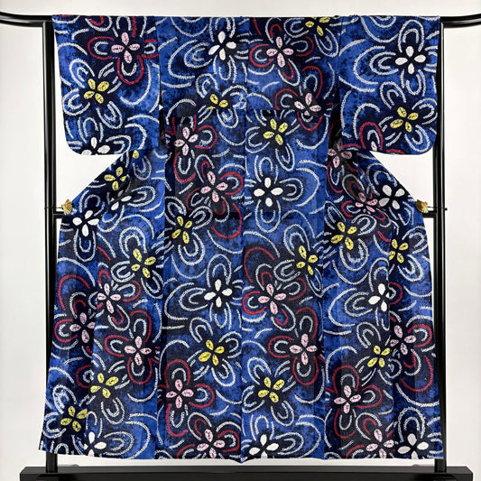 【美品】 浴衣 身長155cm 袖長64.5cm M 絞染浴衣 花 青 純棉 名品級