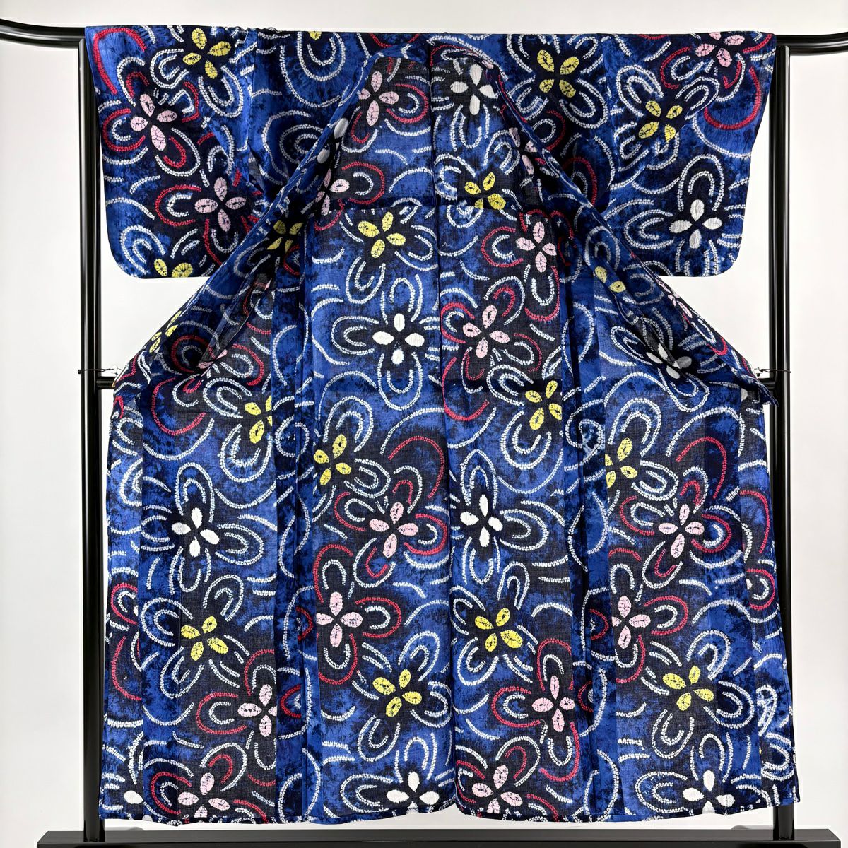 【美品】 浴衣 身長155cm 袖長64.5cm M 絞染浴衣 花 青 純棉 名品級