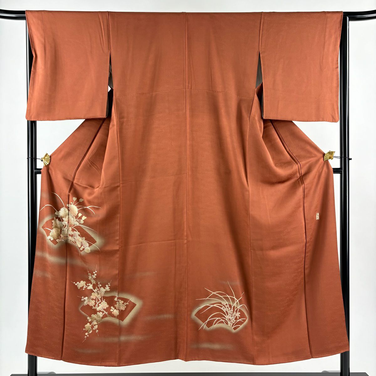 付下 身長150cm 袖長66cm M 雙層 和田光正 落款有 扇子面 菊花花 金銀彩 漸層 茶 純蠶絲 名品級