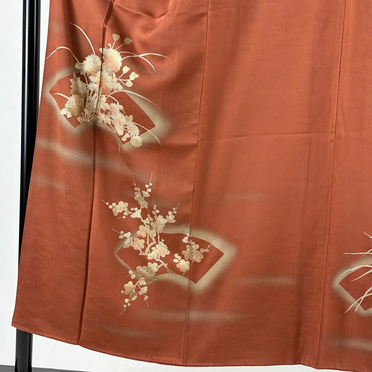 付下 身長150cm 袖長66cm M 雙層 和田光正 落款有 扇子面 菊花花 金銀彩 漸層 茶 純蠶絲 名品級