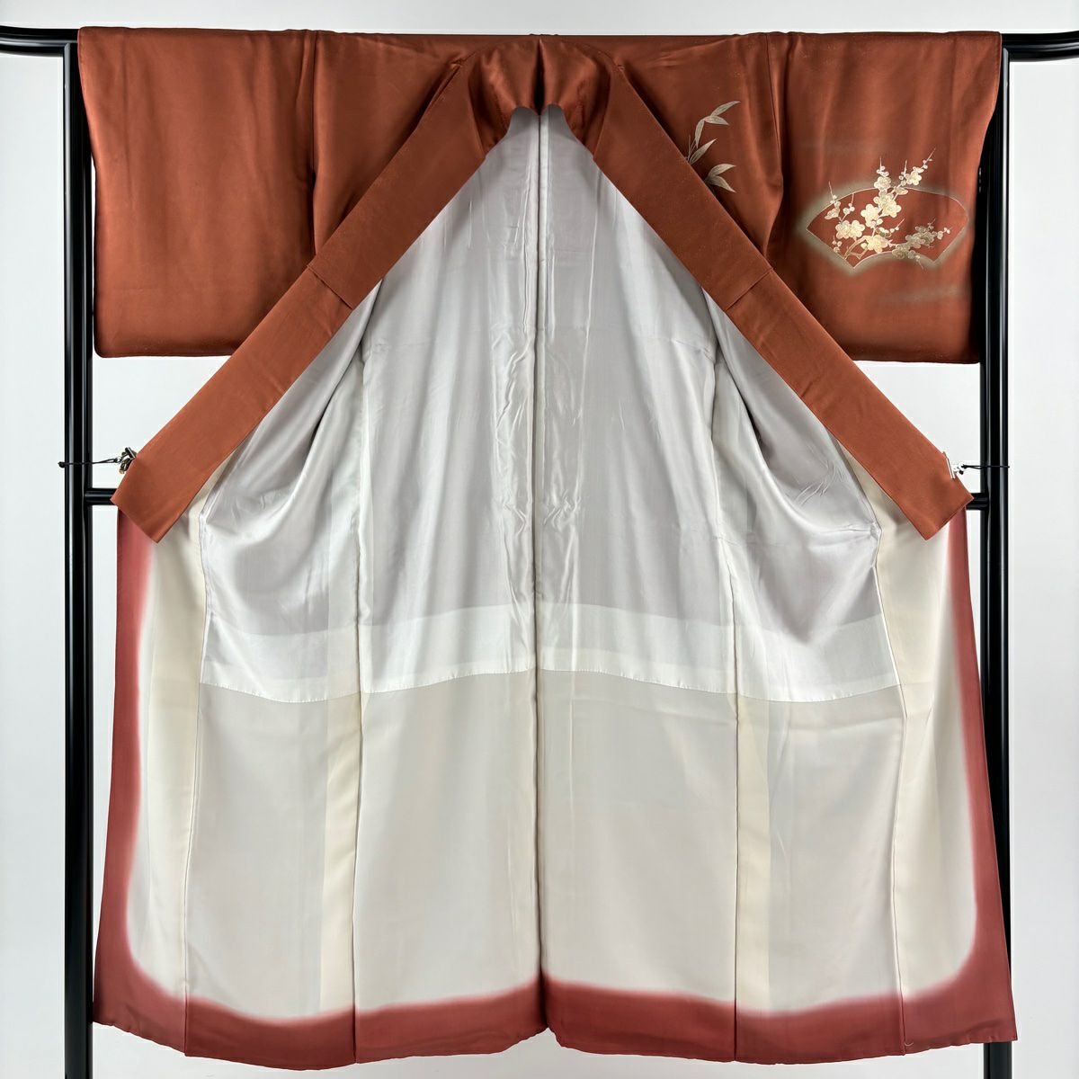 付下 身長150cm 袖長66cm M 雙層 和田光正 落款有 扇子面 菊花花 金銀彩 漸層 茶 純蠶絲 名品級