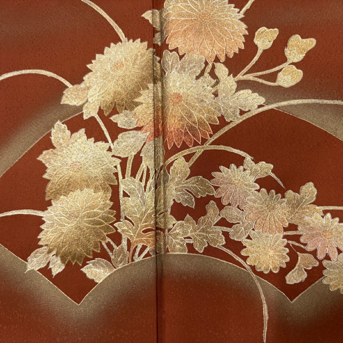 付下 身長150cm 袖長66cm M 雙層 和田光正 落款有 扇子面 菊花花 金銀彩 漸層 茶 純蠶絲 名品級