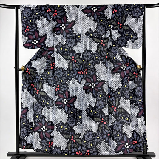 【美品】 浴衣 身長158cm 袖長63cm S 絞染浴衣 草花紋幾何圖案 深藍 棉 名品級