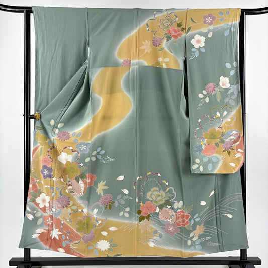 振袖禮服 身長155cm 袖長62.5cm S 雙層 草花紋紋 手毬 染分 漸層 灰綠 純蠶絲 名品級
