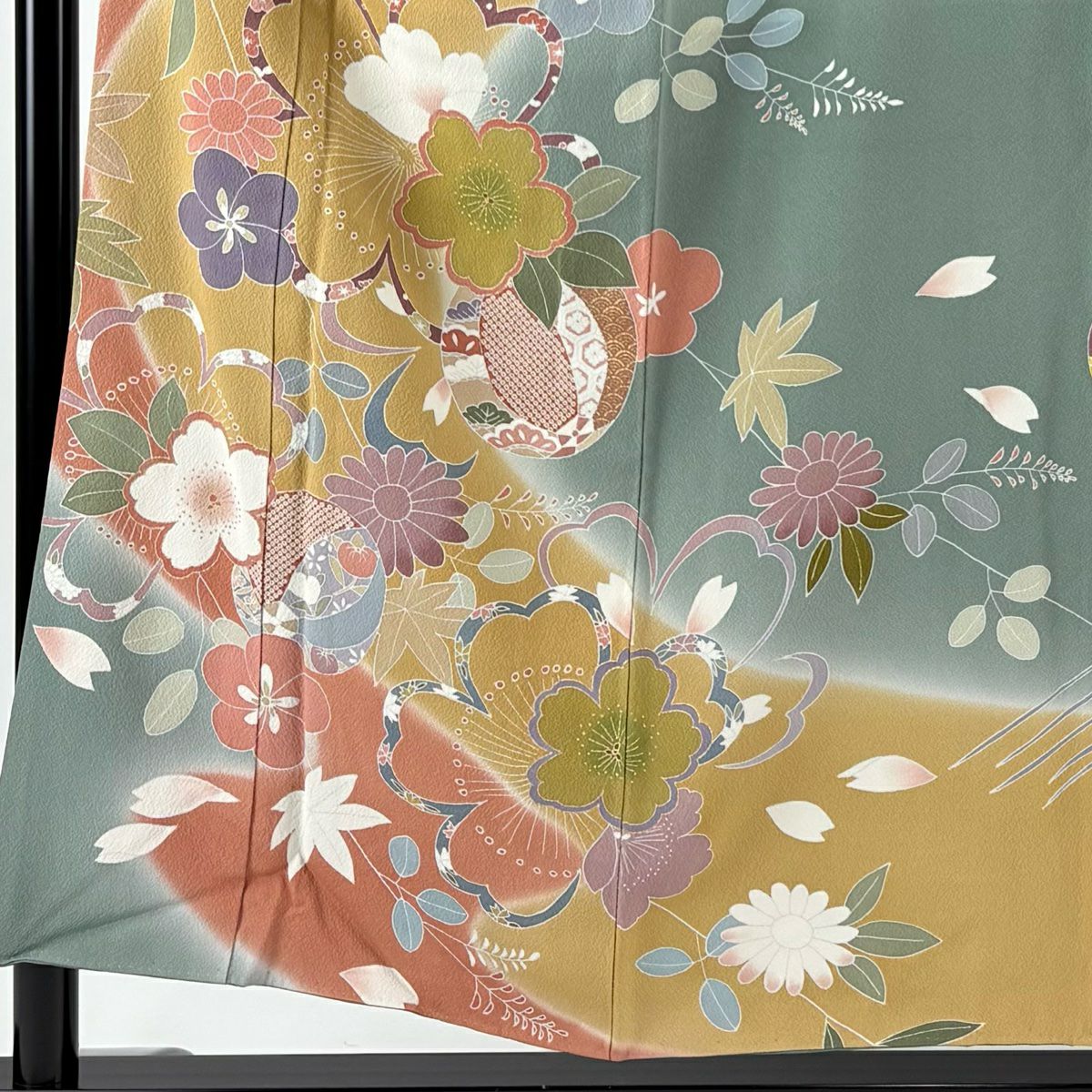 振袖禮服 身長155cm 袖長62.5cm S 雙層 草花紋紋 手毬 染分 漸層 灰綠 純蠶絲 名品級