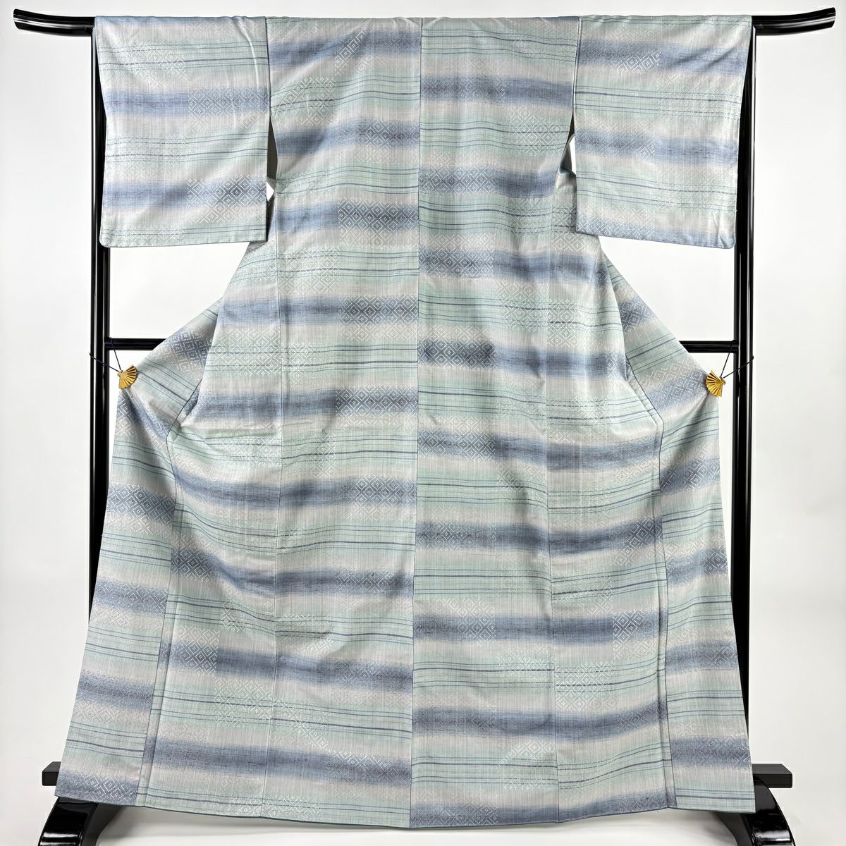 【美品】 紬織 身長168cm 袖長66cm M 雙層 段紋 菱形 水色 純蠶絲 名品級