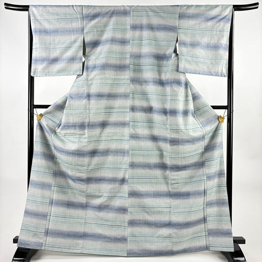 【美品】 紬織 身長168cm 袖長66cm M 雙層 段紋 菱形 水色 純蠶絲 名品級