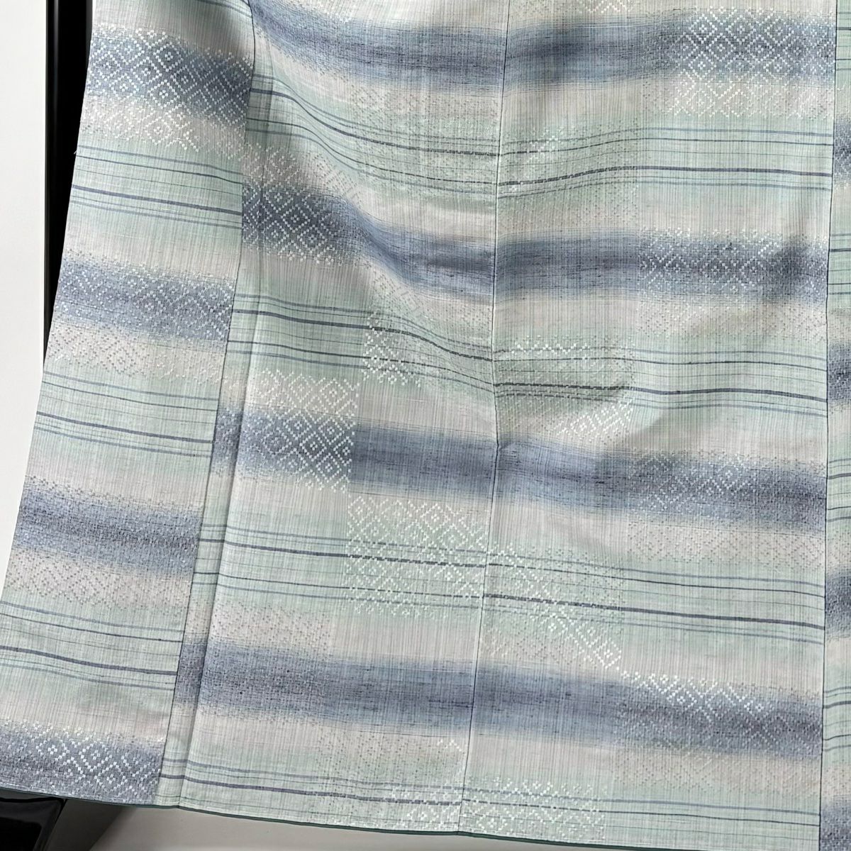 【美品】 紬織 身長168cm 袖長66cm M 雙層 段紋 菱形 水色 純蠶絲 名品級